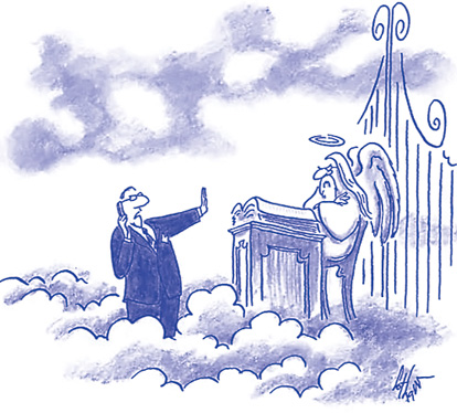 “Quick! I need some more charitable donations!” (Believers are prepared with their Pearly Gates free pass.)